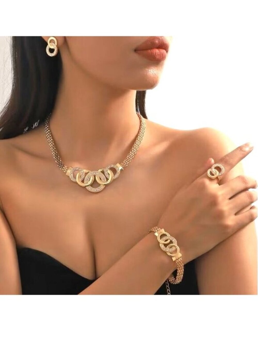 5pc Bold Necklace Earrings Bracelet Ring Statement Glam Luxury Designer Diamond
